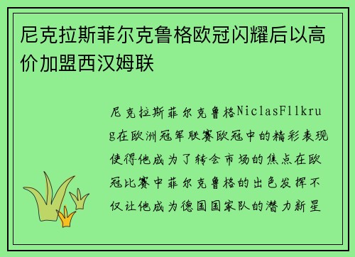 尼克拉斯菲尔克鲁格欧冠闪耀后以高价加盟西汉姆联 尼克拉斯菲尔克鲁格欧冠闪耀后以高价加盟西汉姆联
