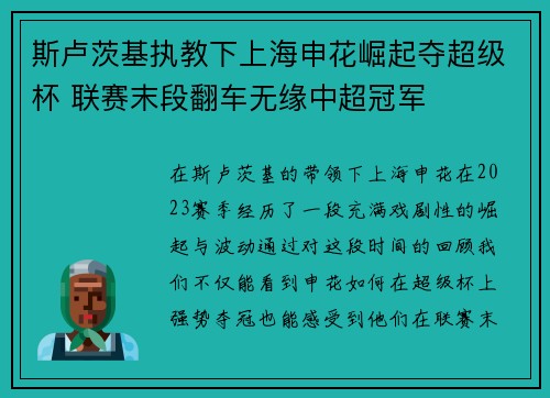 斯卢茨基执教下上海申花崛起夺超级杯 联赛末段翻车无缘中超冠军 斯卢茨基执教下上海申花崛起夺超级杯 联赛末段翻车无缘中超冠军