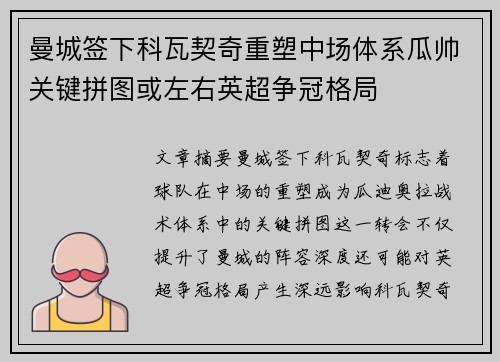 曼城签下科瓦契奇重塑中场体系瓜帅关键拼图或左右英超争冠格局 曼城签下科瓦契奇重塑中场体系瓜帅关键拼图或左右英超争冠格局